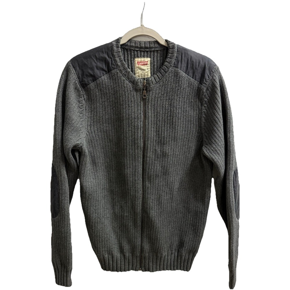 Vintage Levi's Men's Knit Full Zip Sweater Gray Elbow Patch Crew Neck Size M